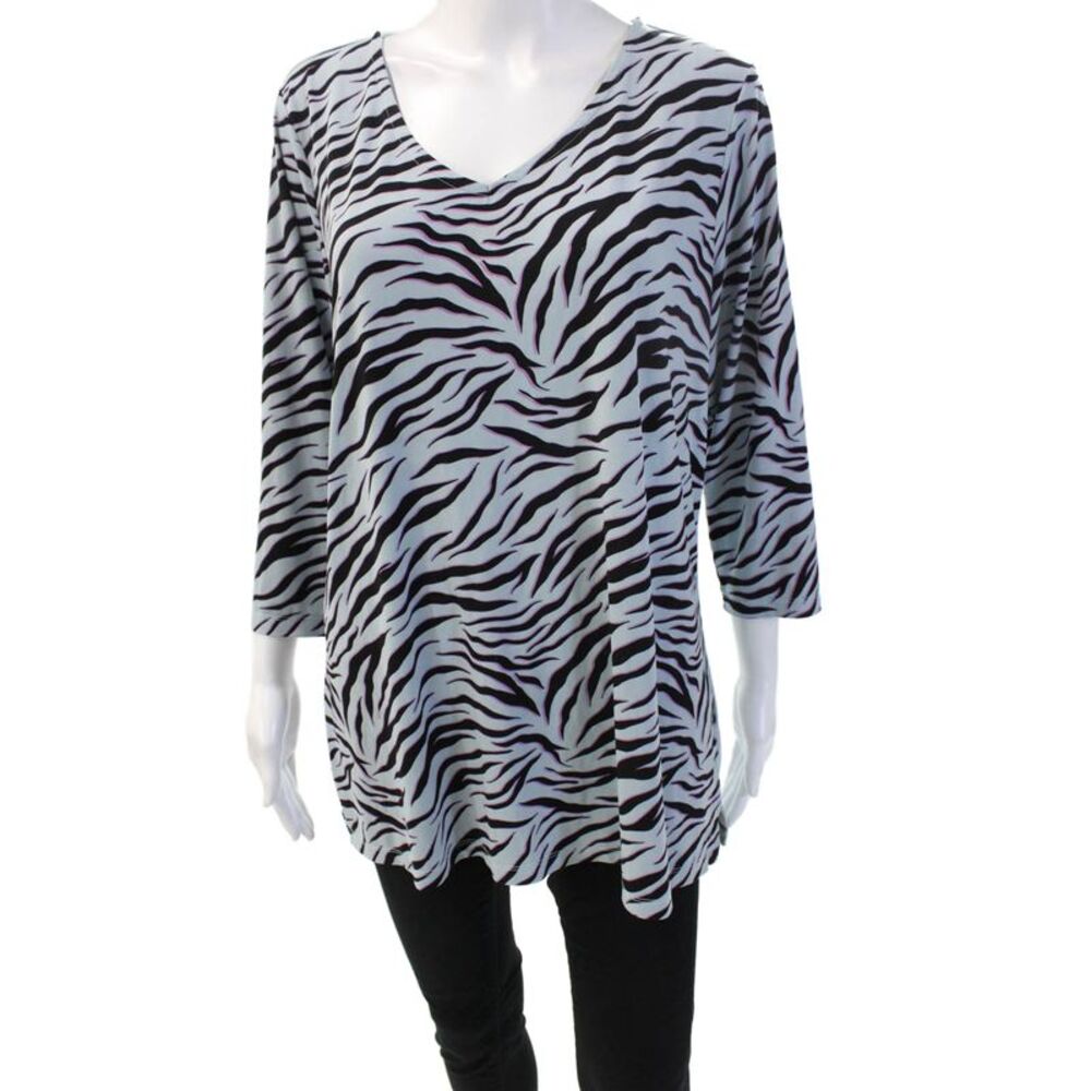 Iman Women Tunic Blouse Black Animal Print V-Neck 3/4 Sleeve Size L
